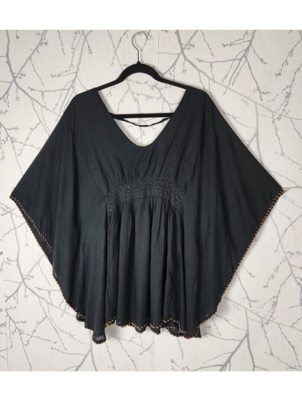 Indonesian Handmade Black Gold Beaded Batwing Beach Cover Tunic